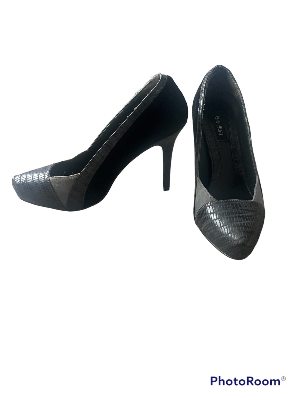 White House Black Market Black & Gray Croc-Trim Pointed Toe Pumps